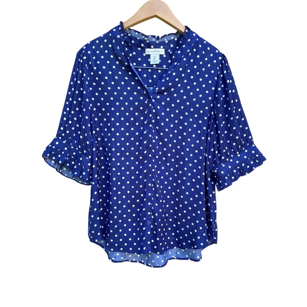 Cupcakes and Cashmere Polka Dot Ruffle Button Up Blouse‎ Blue Medium Satin Femme
